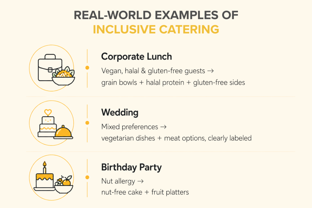 Infographic showing real world examples of inclusive catering with dietary accommodations for corporate lunches weddings and birthday parties including vegan halal gluten free vegetarian and nut free options