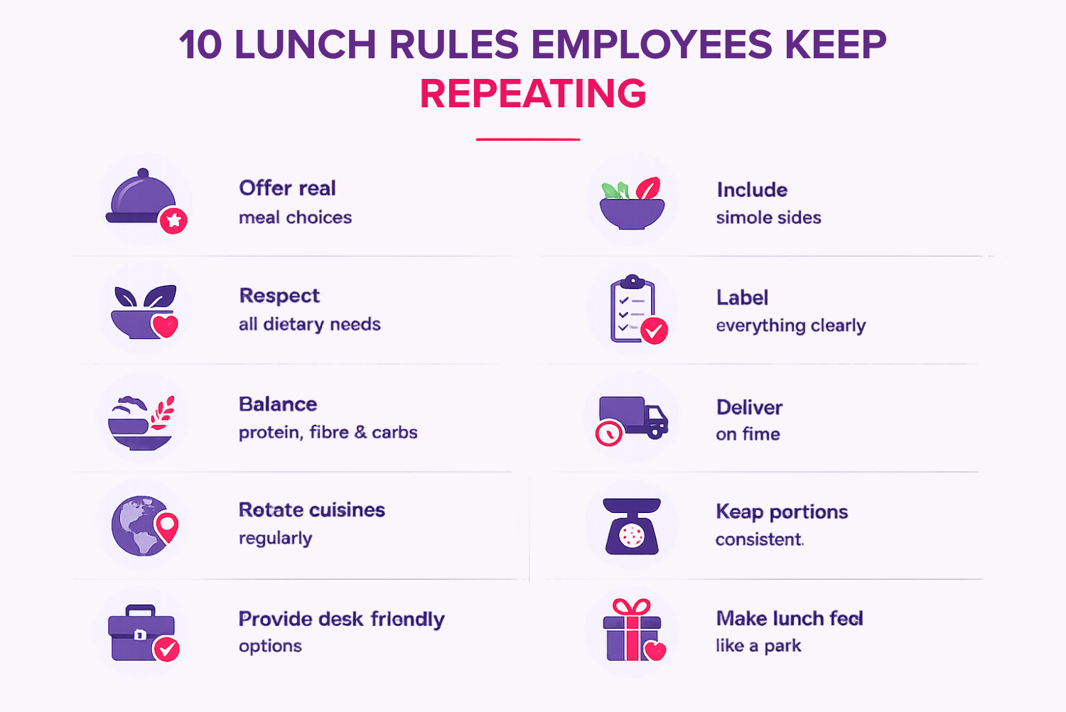 Infographic outlining 10 lunch rules employees value including meal variety dietary accommodations balanced nutrition timely delivery clear food labels and consistent portion sizes
