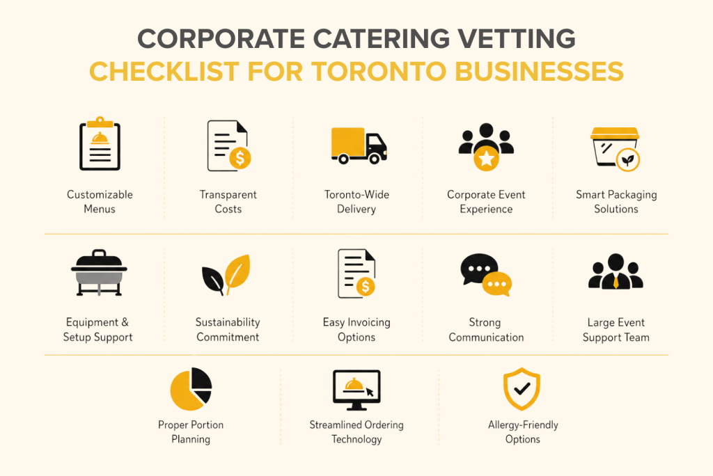 Corporate catering vetting checklist infographic for Toronto businesses showing vendor evaluation, menu planning, service quality and event catering requirements
